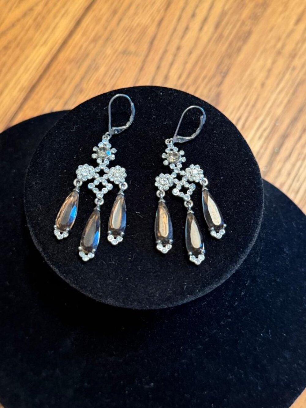 Victorian Revival Silver Tone Rhinestone & Crystal Drop Chandelier Earrings